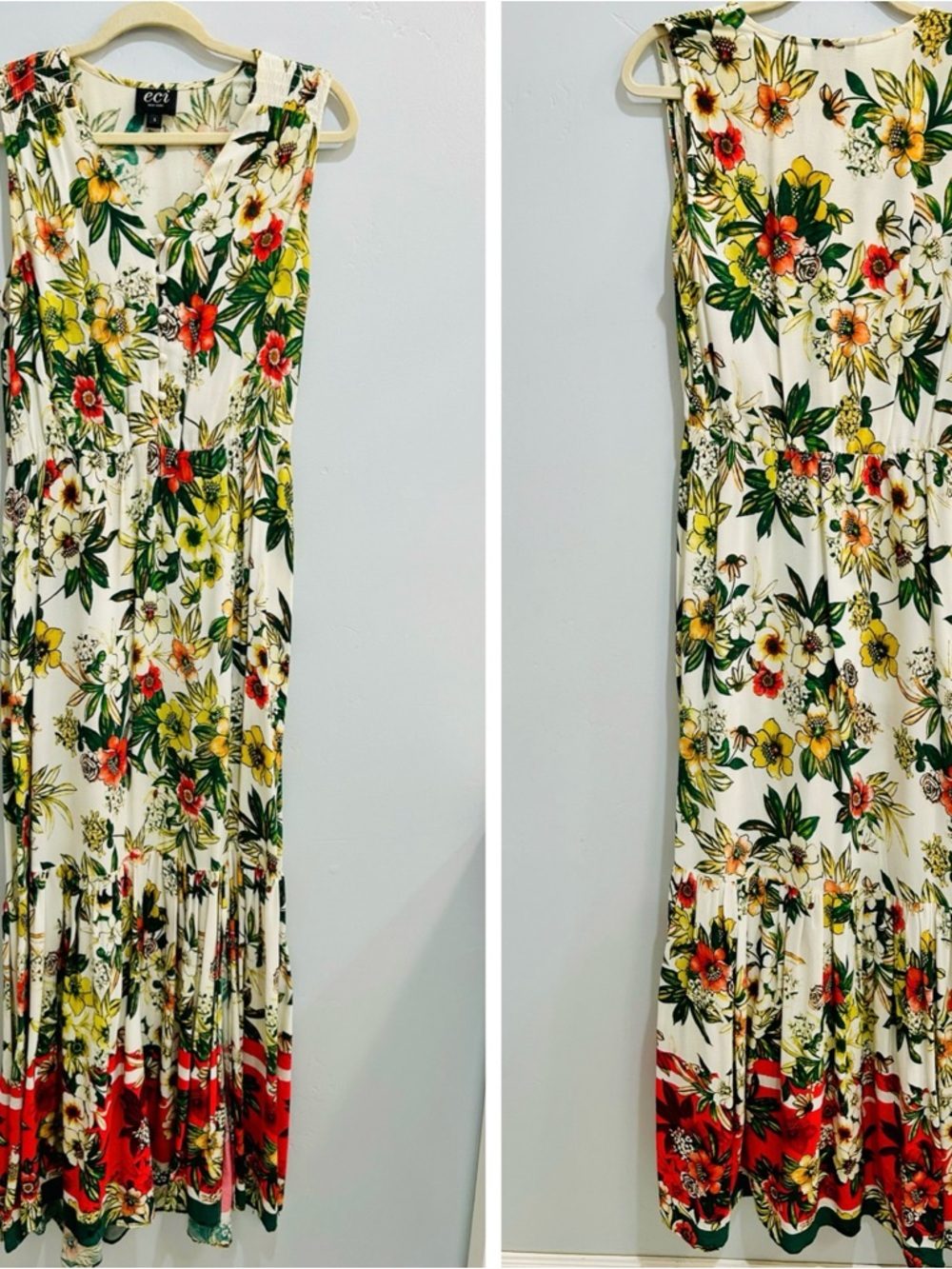 ECI New York Tropical Island Floral Sleeveless Maxi Dress Boho Ruffle Hem Size S - Picture 2 of 11